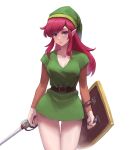  1girl athenawyrm belt blue_eyes boots breasts genderswap genderswap_(mtf) green_headwear hat highres large_breasts link link_(shounen_captain) long_hair long_sleeves looking_at_viewer pointy_ears red_hair shield simple_background solo standing sword the_legend_of_zelda the_legend_of_zelda_(nes) tunic weapon white_background 