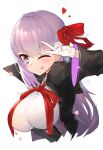  1girl absurdres bangs bb_(fate) black_jacket breasts chinese_commentary closed_mouth commentary_request cropped_torso eyebrows_visible_through_hair fate/grand_order fate_(series) gloves hair_ribbon heart highres jacket kami_otona large_breasts long_hair neck_ribbon one_eye_closed purple_eyes purple_hair red_ribbon ribbon shirt simple_background smile solo upper_body v white_background white_gloves white_shirt 