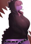  anthro big_breasts breasts brown_hair chalk clothing deltarune dinosaur eating eating_chalk female fishnet fishnet_legwear freckles hair hair_over_eyes hands_in_both_pockets hi_res hoodie huge_breasts legwear non-mammal_breasts obscured_eyes portrait purple_body purple_scales reptile scales scalie side_view simple_background solo squish susie_(deltarune) sweatshirt thick_thighs thigh_squish three-quarter_portrait topwear underchikichan undertale_(series) video_games wide_hips 