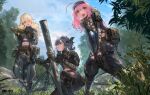  3girls blonde_hair blue_hair blue_sky boots character_name clothing_cutout cloud cloudy_sky forest girls&#039;_frontline gloves grass hairband highres holding holding_weapon mortar_(weapon) mortar_shell multiple_girls nature navel navel_cutout official_art pink_hair pp-93_(girls&#039;_frontline) sky tactical_clothes weapon 
