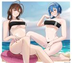  2girls alternate_costume artist_name bangs bare_legs bare_shoulders barefoot beach bikini black_bikini black_swimsuit blue_hair blue_nails blue_sky blush braid braided_ponytail breasts brown_hair cleavage closed_mouth collarbone commission darkpulsegg dp-12_(girls&#039;_frontline) dsr-50_(girls&#039;_frontline) english_commentary eyebrows_visible_through_hair feet_out_of_frame girls&#039;_frontline grey_eyes gris_swimsuit hair_ornament hairband highres licking_lips lips long_hair looking_at_viewer medium_breasts meme_attire multiple_girls nail_polish navel ocean one_knee red_eyes red_nails simple_background sitting sky swimsuit tongue tongue_out 