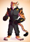  2022 absurd_res anthro biceps biped black_body black_fur black_stripes clothed clothing digital_drawing_(artwork) digital_media_(artwork) ear_piercing ear_ring epic_games felid fortnite fur gradient_background hi_res leo-wolf looking_at_viewer male mammal muscular muscular_anthro muscular_male orange_body orange_fur pantherine piercing pose simple_background smile solo standing striped_body striped_fur stripes teeth tiger unnamed_character video_games white_body white_fur 
