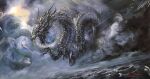  claws cloud cloudy_sky commentary_request creature dragon dragon_tail dragon_wings eastern_dragon fantasy flying hayaken_sarena monster no_humans ocean open_mouth original outdoors rain scales sky storm tail water wind wings 
