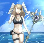  1girl absurdres bangs bikini black_choker blue_eyes breast_tattoo breasts choker cleavage cloud eunie_(xenoblade) eyebrows_visible_through_hair highres holding holding_weapon large_breasts long_hair looking_at_viewer one_eye_closed sky solo swimsuit tattoo thighs water weapon white_wings wings xenoblade_chronicles_(series) xenoblade_chronicles_3 zipperqr 
