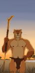  2022 anthro bottomwear brown_body brown_fur claws clothing elbow_tufts eyebrows eyes_closed fangs felid feline felis fur happy hi_res holding_object holding_weapon loincloth machairodontine male mammal mixed_breed multicolored_body multicolored_fur muscular muscular_male nipples notched_ear outside pecs plant pubes sabercundo sabertooth_(anatomy) signature smile smilodon solo sunset tree tribal two_tone_body two_tone_fur weapon whiskers yellow_body yellow_fur 