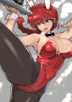  1girl animal_ears blue_eyes bow bowtie braid breasts detached_collar highres kicking large_breasts pantyhose playboy_bunny rabbit_ears ranma-chan ranma_1/2 red_hair shoohee thighs tray wrist_cuffs 