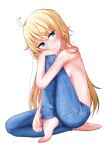  1girl ahoge bangs barefoot blonde_hair blue_eyes blue_pants blush breasts chuutaro_metal closed_mouth denim eyebrows_visible_through_hair from_side full_body hair_between_eyes highres jeans long_hair looking_at_viewer new_game! pants shiny shiny_hair sideboob simple_background sitting small_breasts smile solo straight_hair tooyama_rin topless very_long_hair white_background yagami_kou 