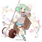  1girl bandaid bandaid_on_knee bandaid_on_leg blue_bow blue_legwear blue_shorts boots bow brown_jacket character_request closed_mouth collared_shirt commentary_request food full_body gloves green_hair hair_bow hammer hand_up holding jacket long_sleeves marshmallow miyoshino monocle official_art open_clothes open_jacket pink_bow pink_shirt plaid_sleeves purple_eyes ribbed_shirt shirt short_shorts shorts simple_background sleeves_past_wrists smile socks solo sugar_conflict twintails vest white_background white_bow white_footwear white_gloves white_vest wide_sleeves 