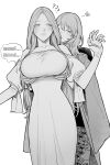  2girls ? ?? bangs blush breast_grab breasts byleth_(fire_emblem) byleth_(fire_emblem)_(female) cape closed_eyes commentary_request dress fire_emblem fire_emblem:_three_houses garreg_mach_monastery_uniform grabbing greyscale hair_between_eyes ikarin jewelry large_breasts long_hair long_sleeves monochrome multiple_girls pantyhose parted_lips rhea_(fire_emblem) ring simple_background sound_effects sweat yuri 