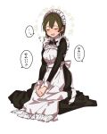  1girl alternate_costume apron bangs black_dress blush breasts brown_hair closed_eyes commentary_request dress enmaided fang flying_sweatdrops fujisaki_(si_da) hiryuu_(kancolle) kantai_collection long_sleeves maid maid_headdress open_mouth short_hair simple_background sitting solo speech_bubble sweat translated white_apron white_background 