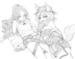  2girls :d ahoge arknights bare_shoulders beanstalk_(arknights) braid breasts clothes_pull crop_top ears_through_headwear fangs feet haiokumantan hair_between_eyes hat hyena_ears hyena_girl hyena_tail id_card long_hair looking_at_viewer lying midriff multiple_girls myrtle_(arknights) navel no_pants off_shoulder on_back on_side open_mouth panties pointy_ears shirt_pull simple_background small_breasts smile strapless sweat tube_top underwear wavy_hair wavy_mouth white_background 