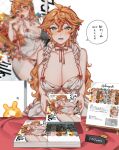  1girl absurdres apron bangs blue_eyes blush breasts cleavage crow_3434 earrings frilled_apron frills genderswap genderswap_(mtf) genshin_impact hair_between_eyes hair_ornament highres holding jewelry large_breasts long_hair manga_(object) meta naked_apron orange_hair parted_lips poster_(object) seelie_(genshin_impact) sign single_earring speech_bubble table tartaglia_(genshin_impact) translation_request white_apron 