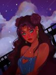  1girl bishoujo_senshi_sailor_moon black_hair blue_eyes blue_shirt blush breasts cloud cloudy_sky crescent_moon dark-skinned_female dark_skin ear_piercing earrings facial_mark forehead_mark heart highres humanization jewelry long_hair looking_at_viewer luna_(sailor_moon) mole mole_under_eye moon necklace piercing rif_(rif-art) shirt sky tank_top wavy_hair 