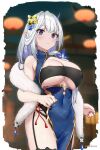  1girl :o artist_name bangs black_legwear black_panties blue_dress blue_eyes blue_flower blurry blurry_background blush breasts carrss_(carrss1) character_request china_dress chinese_clothes cleavage closers covered_navel covered_nipples cowboy_shot depth_of_field dress eyebrows_visible_through_hair flower fur_shawl garter_belt hair_flower hair_ornament hair_over_shoulder highres horns lantern large_breasts long_hair looking_at_viewer mask mask_on_head nail_polish outdoors panties paper_lantern parted_lips pelvic_curtain pointy_ears red_nails revealing_clothes silver_hair single_horn sleeveless sleeveless_dress solo thighhighs underboob underwear 