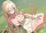  1girl absurdres bangs blonde_hair blue_eyes blush breasts cleavage dress freng gloves grass hair_between_eyes hair_ornament highres korean_commentary large_breasts long_hair looking_at_viewer low_twintails original smile solo thighhighs twintails unfinished very_long_hair white_dress white_gloves wing_hair_ornament 