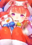  1girl aoisu_ao bangs christmas fire_emblem fire_emblem_heroes flower fur_trim hair_flower hair_ornament hat highres holding_snowman long_hair looking_at_viewer mirabilis_(fire_emblem) official_alternate_costume open_mouth pink_hair pointy_ears purple_eyes red_headwear santa_costume santa_hat sleeves_past_fingers sleeves_past_wrists snowman solo 