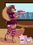  absolute_territory absurd_res anthro big_butt butt chest_tuft clothed clothing digital_media_(artwork) female food hi_res holding_object huge_butt july_shepherd_(nokamiwd) maid_uniform nokamiwd pancake pawpads raised_leg simple_background smile solo standing thick_thighs tuft uniform wide_hips 