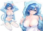  1girl :3 :q absurdres animal_ears animal_hood arms_up artist_name bangs bare_shoulders blue_eyes blue_hair blue_shorts blue_tail blush breasts cat_ears cat_girl cat_hood cat_tail cleavage closed_mouth collarbone crop_top eikaa eyebrows_visible_through_hair full_body grey_background groin hair_ornament hair_over_one_eye hands_up highres hood hood_up huge_breasts jacket large_breasts long_sleeves looking_at_viewer midriff multiple_views navel no_shoes non-web_source open_clothes open_jacket re:zero_kara_hajimeru_isekai_seikatsu rem_(re:zero) ribbon scan short_hair short_shorts shorts simple_background sitting smile striped tail thighhighs tongue tongue_out upper_body wariza watermark white_background white_legwear x_hair_ornament 