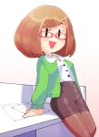  1girl :d bangs blush bob_cut breasts brown_hair cardigan collared_shirt glasses green_cardigan high-waist_skirt highres inkerton-kun long_sleeves nikki_(swapnote) office_lady open_mouth pantyhose paper parted_bangs pencil_skirt red-framed_eyewear shiny shiny_clothes shiny_legwear shirt shirt_tucked_in short_hair skirt smile solo swapnote taut_clothes taut_skirt white_shirt 