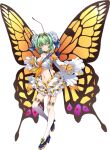  antennae artist_request breasts butterfly_girl chiton cleavage compound_eyes detached_sleeves extra_arms eyebrows_visible_through_hair flare_(monster_musume) full_body garter_straps green_hair high_heels insect_wings large_breasts medium_hair midriff monster_musume_no_iru_nichijou monster_musume_no_iru_nichijou_online navel official_art thighhighs transparent_background wings yellow_eyes 
