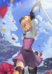  1girl absurdres arm_up bangs blonde_hair boots bow breasts castle cloud cowboy_shot day djeeta_(granblue_fantasy) dress fighter_(granblue_fantasy) floating_island flower gauntlets granblue_fantasy hair_intakes highres holding holding_own_arm holding_sword holding_weapon long_sleeves looking_at_viewer medium_breasts one_eye_closed outdoors petals pink_dress sheath short_hair smile solo sword thigh_boots thighhighs weapon yasu_(segawahiroyasu) 