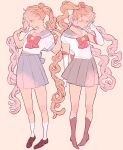  2girls bishoujo_senshi_sailor_moon blonde_hair blue_eyes boots choker double_bun gloves hair_ornament highres long_hair looking_to_the_side matatatatabi multiple_girls pale_skin sailor_moon sailor_senshi_uniform school_uniform serafuku shoes smile socks tsukino_usagi twintails v very_long_hair wavy_hair 