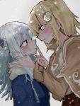  2girls :o aqua_eyes backlighting bangs blonde_hair blue_eyes blue_hair blue_hoodie blunt_bangs blurry blush breasts capelet depth_of_field detective eyebrows_visible_through_hair finger_to_another&#039;s_mouth gawr_gura grey_background hair_between_eyes hair_ornament hand_in_another&#039;s_hair highres hololive hololive_english hood hoodie long_hair long_sleeves looking_at_another medium_breasts medium_hair messy_hair monocle_hair_ornament multicolored_hair multiple_girls open_mouth outdoors shark_hair_ornament shiny shiny_hair silver_hair simple_background smile snow snowing standing streaked_hair tareme two_side_up upper_body uud45gaotrcvkfg virtual_youtuber watson_amelia yuri 
