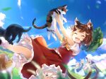  3girls animal animal_ears blonde_hair blue_eyes brown_hair cat cat_ears cat_tail chen closed_eyes day dress english_commentary fox_ears fox_tail gap_(touhou) green_headwear hat highres long_hair long_sleeves mob_cap multiple_girls multiple_tails open_mouth pillow_hat red_skirt red_vest shirt short_hair skirt smile tabard tail tamiku_(shisyamo609) touhou two_tails vest white_dress white_headwear white_shirt wide_sleeves yakumo_ran yakumo_yukari 