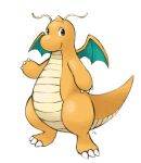  black_eyes claws closed_mouth commentary_request dragonite full_body highres looking_to_the_side no_humans pokemon pokemon_(creature) ryusei0402 simple_background smile solo standing white_background 