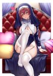  1girl absurdres border breasts breasts_out couch garters habit heart highres hololive houshou_marine kneehighs large_breasts leg_up long_hair nun open_mouth pillow red_eyes red_hair sitting solo thighs tufang underboob virtual_youtuber white_border white_legwear 