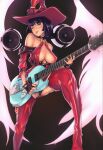  1girl absurdres bare_shoulders belt black_gloves black_hair black_panties boots breasts cleavage collarbone commentary covered_nipples crotch english_commentary eyebrows_visible_through_hair fingerless_gloves gloves green_eyes guilty_gear guilty_gear_xrd guitar hat heterochromia highres i-no instrument large_breasts mole mole_above_mouth music nail_polish panties parted_lips platinum_disco playing_instrument plectrum red_headwear red_nails revealing_clothes short_hair solo speaker thigh_boots thighhighs underboob underwear wings witch_hat yellow_eyes 