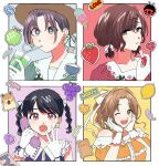  ;d absurdres asakura_tooru bare_shoulders black_hair braid brown_hair collage cosmetics drinking drinking_straw earrings fangs food fruit fukumaru_koito gloves grapes hair_ornament hair_ribbon hairclip hamster hat heart high_ponytail highres higuchi_madoka hirekatsu_(kmrkbs) ichikawa_hinana idolmaster idolmaster_shiny_colors jewelry lemon lipstick_tube long_hair looking_at_viewer low_twintails melon melon_soda mole mole_under_eye nail_polish noctchill_(idolmaster) one_eye_closed open_mouth phone polka_dot polka_dot_shirt purple_eyes purple_nails ribbon sailor_collar shirt short_hair short_twintails skin_fangs smile strawberry symbol-only_commentary twin_braids twintails 