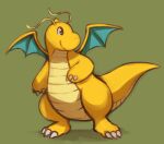  brown_eyes claws closed_mouth commentary_request dragonite green_background looking_back no_humans pokemon pokemon_(creature) ryusei0402 smile solo standing 