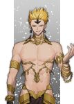  1boy armlet armor blonde_hair bracelet commentary_request earrings fate/grand_order fate_(series) feet_out_of_frame gilgamesh_(fate) highres jewelry male_focus navel nebuchadenezzar_(fate) necklace none_(kameko227) official_alternate_costume open_mouth red_eyes revealing_clothes short_hair smile solo toned toned_male upper_body yellow_eyes 