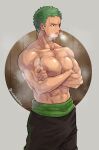  1boy abs bara commentary_request green_hair large_pectorals male_focus mature_male muscular muscular_male navel nipples one_piece pectorals roronoa_zoro scar short_hair solo stomach topless topless_male torakichi_(ebitendon) 