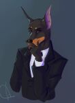  anthro black_tie_(suit) canid canine canis clothing dobermann domestic_dog hart_raspel hi_res male mammal pinscher sheryl_art simple_background solo suit 