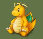  brown_eyes chibi claws closed_mouth commentary_request dragonite full_body green_background looking_to_the_side no_humans pokemon pokemon_(creature) ryusei0402 sitting smile 