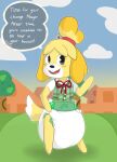  accessory animal_crossing anthro bell big_diaper biped black_eyes black_nose blonde_hair building bun_(hairstyle) bunnykisses canid canine canis cloud diaper domestic_dog english_text eyelashes female floppy_ears front_view fur glistening glistening_eyes green_diaper hair hair_accessory hairband hand_on_hip hi_res isabelle_(animal_crossing) looking_aside mammal nintendo open_mouth open_smile outside red_hairband smile solo speech_bubble standing text video_games white_body white_diaper white_fur white_tail yellow_body yellow_ears yellow_fur yellow_tail 