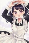  19_okeke 1girl apron black_dress black_hair commentary_request dress fangs frilled_apron frills fukumaru_koito heart heart_hands highres idolmaster idolmaster_shiny_colors long_hair long_sleeves looking_at_viewer maid maid_apron maid_headdress open_mouth purple_eyes skin_fangs solo twintails 