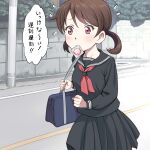  1girl bag black_sailor_collar black_serafuku black_skirt brown_hair commentary_request condom condom_in_mouth holding holding_bag long_sleeves low_twintails meow_(nekodenki) mouth_hold original outdoors red_eyes road running sailor_collar school_uniform serafuku short_hair skirt speech_bubble street translation_request twintails 