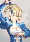  1girl artoria_pendragon_(fate) bangs blonde_hair breasts cleavage closed_mouth drawing_sword excalibur_(fate/stay_night) fate/stay_night fate_(series) glowing glowing_sword glowing_weapon green_eyes grey_background highres holding holding_sword holding_weapon human_scabbard long_sleeves medium_breasts piyo_(pixiv_2308057) saber simple_background solo sword upper_body weapon 