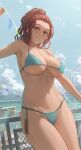  1girl absurdres against_railing bangs bare_shoulders beach bikini blue_bikini blue_eyes blue_sky blush breasts brown_eyes brown_hair cleavage cloud collarbone cowboy_shot day english_commentary forehead free_style_(yohan1754) grey_eyes grin hair_pulled_back highres large_breasts legs_together long_hair looking_at_viewer navel ocean original outdoors parted_lips ponytail railing sky smile solo standing stomach strap_gap string_bikini string_of_flags swimsuit thighs 