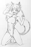  1girl :d alternate_costume animal_ear_fluff animal_ears armpit_peek bangs barefoot bow braid breasts cat_ears cat_tail covered_navel d-m_(dii_emu) eyebrows_visible_through_hair fangs full_body greyscale hair_bow hair_ribbon hands_up kaenbyou_rin kneeling long_hair looking_at_viewer medium_breasts monochrome multiple_tails nekomata one-piece_swimsuit open_mouth paw_pose ribbon simple_background sketch smile solo swimsuit tail teeth toes touhou tress_ribbon twin_braids twintails two_tails upper_teeth white_background 