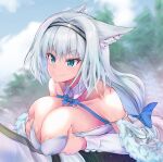  1boy 1girl animal_ear_fluff animal_ears asahi_(fullmetal_madness) bangs bare_shoulders blue_bow blue_eyes blue_ribbon blue_sky blurry blurry_background blush bow breast_hold breast_squeeze breasts cat_ears cat_girl cat_tail cleavage collarbone detached_collar detached_sleeves dobrynya_nikitich_(fate) dress fate/grand_order fate_(series) fur_trim hair_bow hairband hetero large_breasts long_hair low_ponytail paizuri ribbon sky smile tail white_dress white_hair 