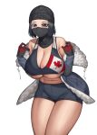  1girl bare_shoulders beanie black_gloves black_hair black_headwear black_shorts blush breasts briefs canadian_flag_print cinko cleavage commentary_request frost_(rainbow_six_siege) fur-trimmed_jacket fur_trim gloves grey_eyes grey_jacket hands_up hat highres jacket legs_together long_sleeves looking_at_viewer male_underwear mask midriff mouth_mask multicolored_hair navel no_pants off_shoulder open_clothes open_jacket rainbow_six_siege red_gloves short_hair shorts simple_background solo sports_bra standing two-tone_hair underboob underwear white_background 