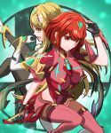  bangs black_gloves blonde_hair breasts chest_jewel dress earrings elbow_gloves fingerless_gloves gloves highres jewelry large_breasts long_hair mercury_xeno mythra_(massive_melee)_(xenoblade) mythra_(xenoblade) pyra_(xenoblade) red_eyes red_hair red_legwear red_shorts short_dress short_hair short_shorts shorts super_smash_bros. swept_bangs thighhighs tiara very_long_hair white_dress white_gloves xenoblade_chronicles_(series) xenoblade_chronicles_2 yellow_eyes 