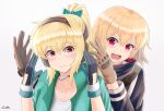  artist_name bangs blonde_hair bow cosplay ear_protection eyebrows_visible_through_hair gamryous girls&#039;_frontline gloves green_hairband hair_bow hairband highres holding iris_(material_sniper)&#039; iris_(material_sniper)&#039;_(cosplay) jacket long_hair material_sniper multicolored_clothes multicolored_gloves ponytail red_eyes scw_(girls&#039;_frontline) smile sv-98_(girls&#039;_frontline) 