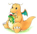  ? appletun brown_eyes claws closed_mouth commentary_request dragonite drooling grass highres holding holding_pokemon no_humans open_mouth pokemon pokemon_(creature) ryusei0402 saliva sitting white_background 