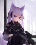  1girl animal_ear_fluff animal_ears bangs bird black_gloves blue_eyes bulletproof_vest closed_mouth crescent crescent_hair_ornament eyebrows_visible_through_hair gloves gun guo582 hair_ornament hair_ribbon heterochromia highres holding long_hair long_sleeves looking_at_viewer original purple_eyes purple_hair ribbon smile solo tail trigger_discipline upper_body weapon 