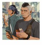  2boys bara black_hair closed_mouth drinking eating food gh_himainu headband highres looking_at_viewer male_focus mature_male milk_tea mohawk multiple_boys muscular muscular_male original phone shirt short_hair smile 